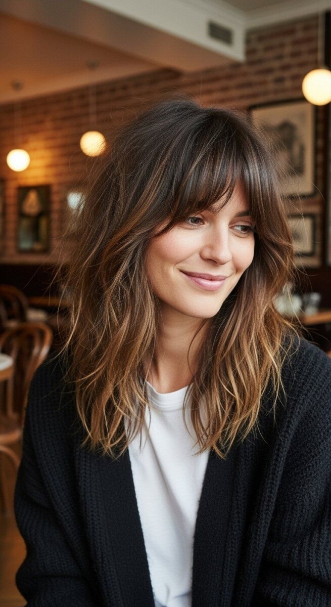 Mi-long dégradé frange 50 ans